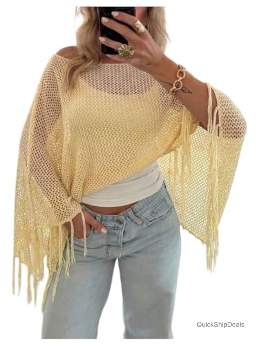 Crochet Sheer Poncho Fringe Asymmetrical Fall Cape Cover-Up
